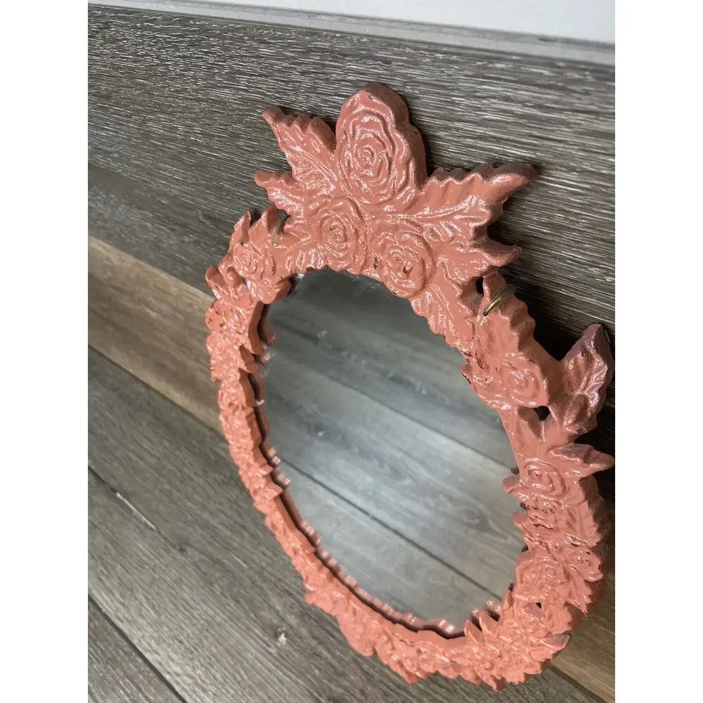 Vintage Oval Ornate Cast Metal Wall Hanging Mirror 16x9” Pink